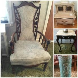 MaxSold Auction: This online auction features vintage Christmas decor; vintage glassware and dishes; vintage kitchenware including Fire King; Depression Glass; Bassett dining room furniture; marble topped side tables; original art; Kent Coffey furniture and much more!